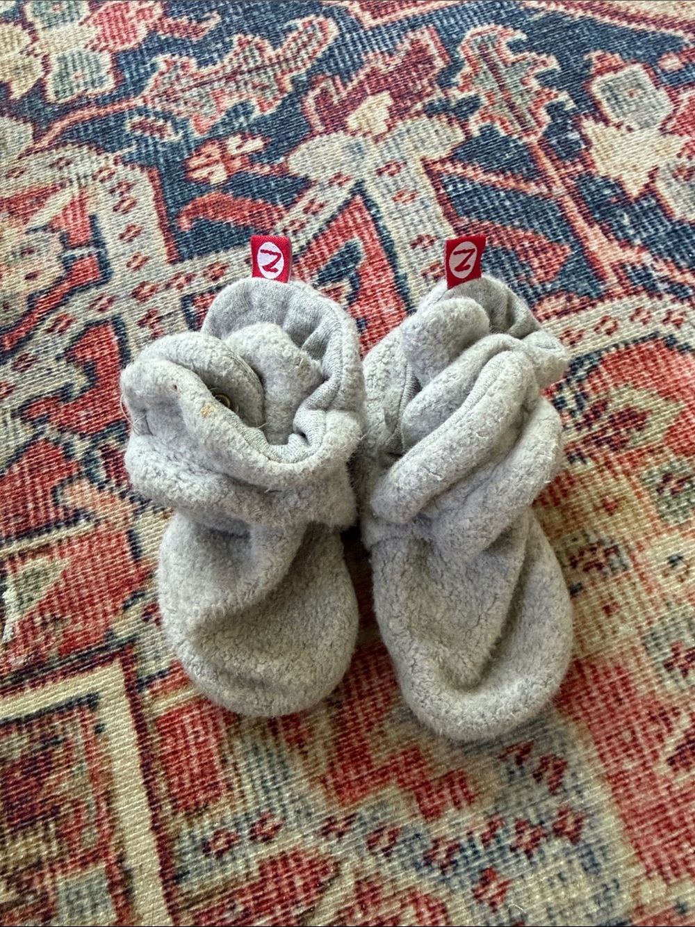 Zutano Light Gray Plush Baby Booties with Red Logo Tab